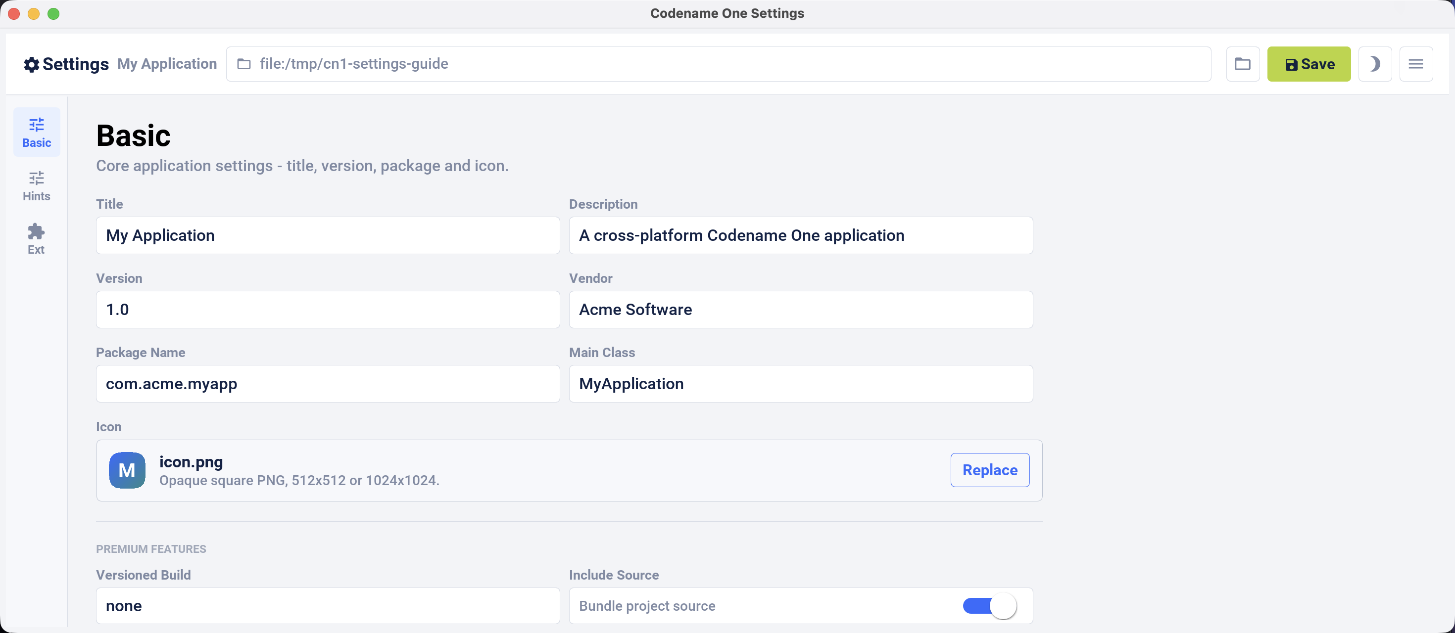 Codename One Settings Basic view
