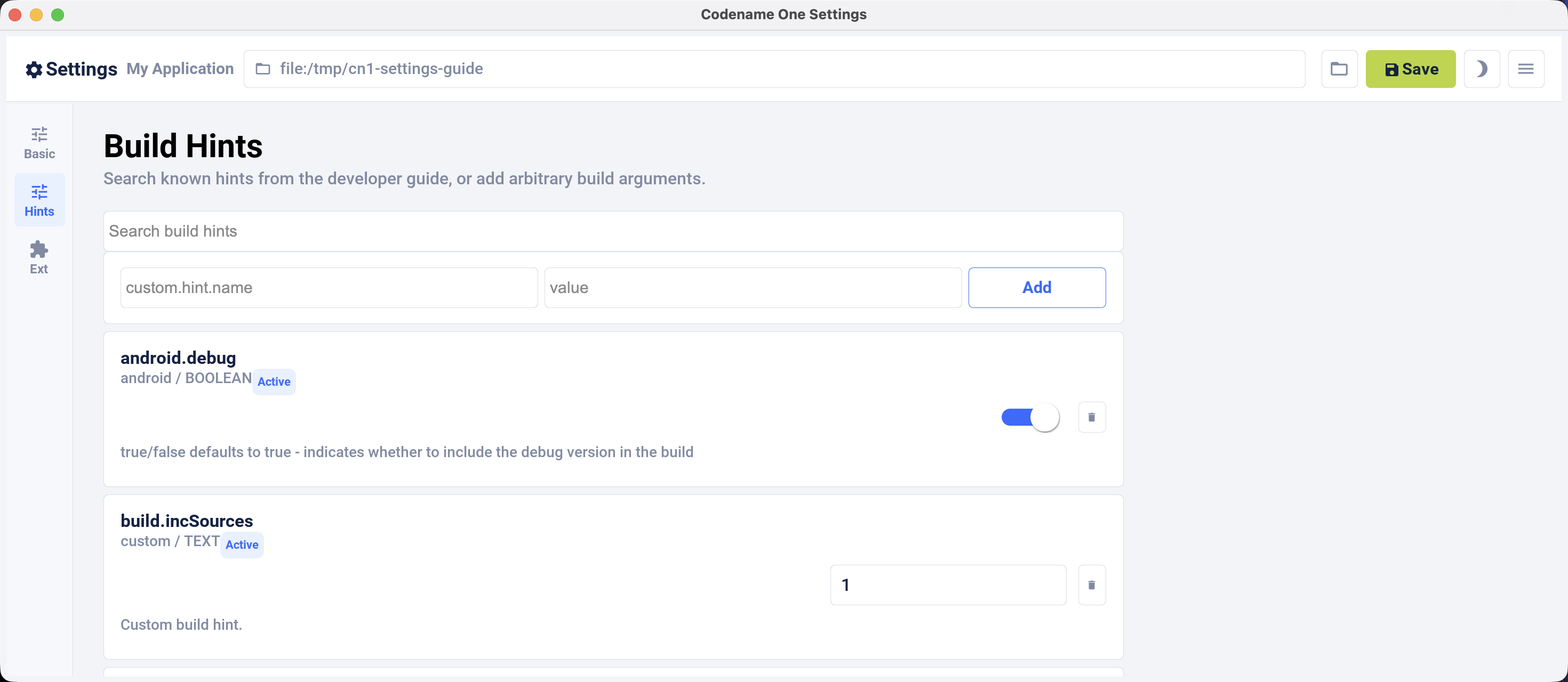 Codename One Settings Build Hints view